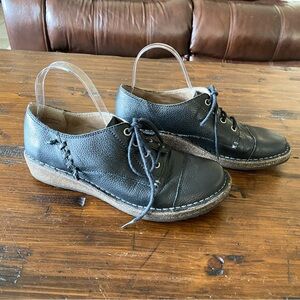 Aetrex Kerry Black Leather Lace-Up Mini Wedge Cork Oxford Women’s US Size 9-9.5